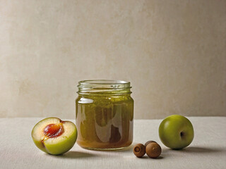 A small glass jar of green plum jam