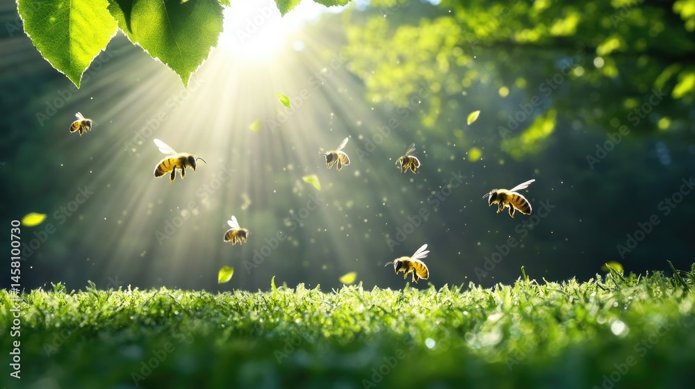 Poster Sunlight filtering through bees in motion above grass and leaves