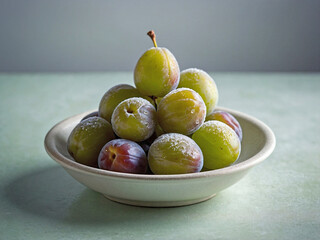 A small white dish with sugared candied green plums