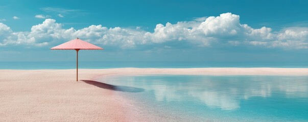 Pink summer vacation with pastel parasol on empty beach concept. A serene beach scene with a pink umbrella and calm waters.