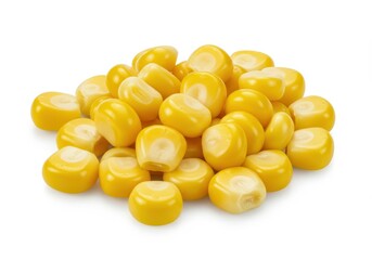 Fototapeta premium Pile of yellow corn kernels on a white background, ideal for food and nutrition themes