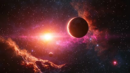 Outer space scene with colorful nebula clouds and small, lit planet in galactic void