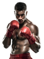 Fit boxer with red gloves posing in studio