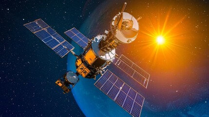 Naklejka premium Satellite operates in space, capturing images of celestial bodies and transmitting data while illuminated by the sun's rays
