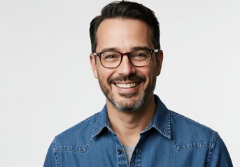 Obraz premium Smiling man with glasses and denim shirt against a white background
