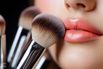 Female blogger showcases makeup brushes while sharing beauty tips in her tutorial, emale blogger with makeup brushes conducts a video lesson