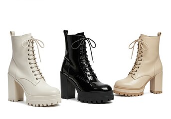 Three platform boots in different colors displayed on a white background