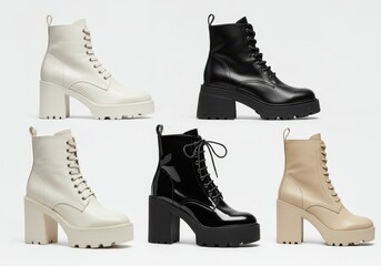 Assortment of platform heeled boots in various colors on a white background