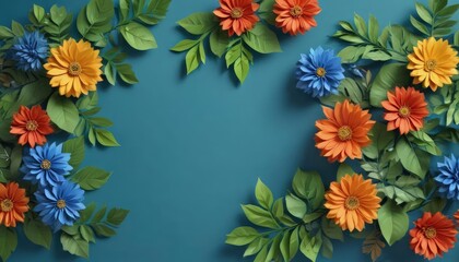 Overhead colorful paper flowers, green leaves, blue background,  leaves,  blue background