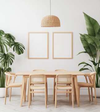 Modern Dining Room with Minimalist Decor and Tropical Plants