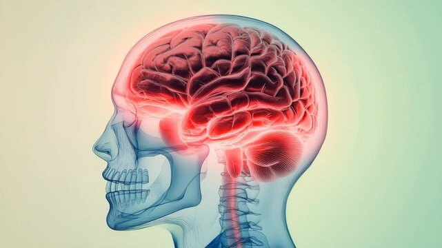 透過頭部に浮かび上がる脳の詳細な解剖図