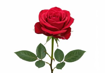 Single red rose with green leaves isolated against a white background
