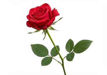 Single red rose with green leaves on a white background, studio shot