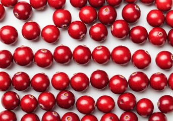 Rows of fresh cranberries arranged on a white background for a clean food pattern