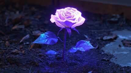 Glowing rose illuminated at night in a garden with blue hues and vibrant colors
