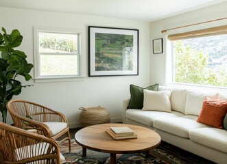 Fototapeta premium Cozy and Inviting Living Room with Natural Light and Greenery