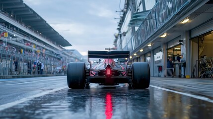 Formula 1 Car on Wet Pit Lane with Rain Reflections and Rear Red Light, Surrounded by Grandstands and Team Garages on Race Day