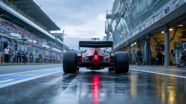 Formula 1 Car in Wet Pit Lane with Glowing Rear Light and Reflections, Surrounded by Garages, Grandstands, and Overcast Sky