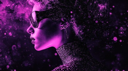 Obraz premium Glamorous woman with sunglasses in purple light with particle effects. Perfect for ads, fashion blogs, or any project needing a modern vibe.