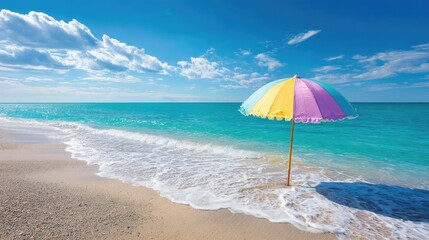 Pink summer vacation with pastel parasol on empty beach concept. Colorful beach umbrella on a sunny day by the turquoise ocean.