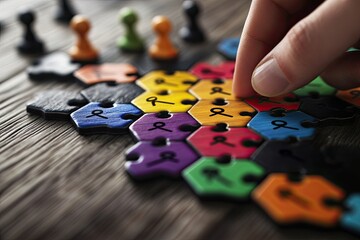 Colorful puzzle pieces with various colored tokens
