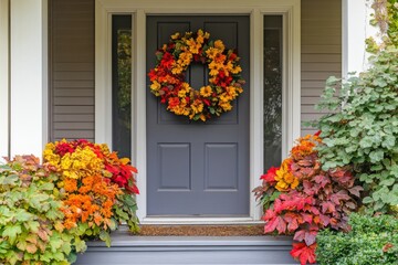 Fototapeta premium Autumn wreath and colorful fall foliage decorating a cozy front porch with red door and seasonal charm