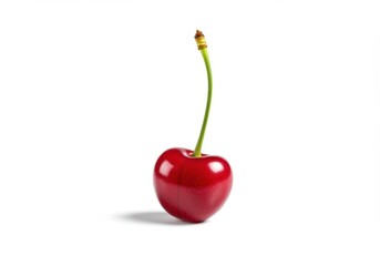 Single red cherry with stem isolated on white background