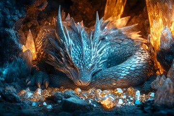 Obraz premium A sleeping dragon curled up amongst crystals in a cave with blue and orange lighting inside