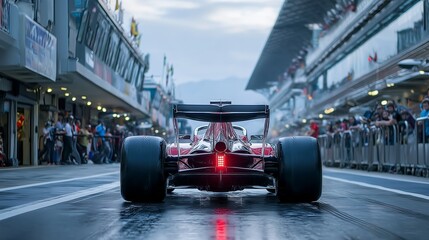 Formula 1 Car in Wet Pit Lane with Glowing Tail Light, Surrounded by Crowd, Garages, and Grandstands on a Cloudy Race Day