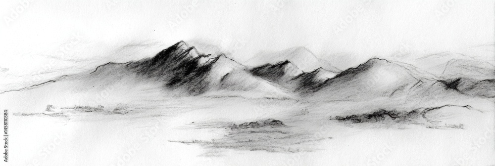 Poster Soft Pencil Landscape Sketch Depicting Serene Mountain Range With Minimal Shading Captured During a Quiet Afternoon Generative AI