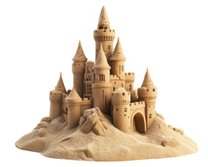 Detailed Sandcastle Model on Transparent Background, PNG