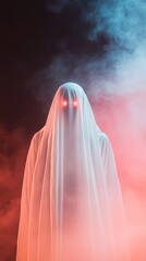 Spectral figure shrouded in a sheet, glowing red eyes