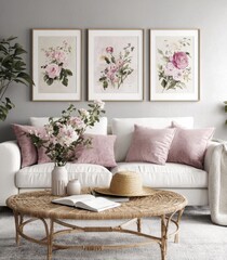 Elegant Living Room with Floral Art and Soft Color Palette