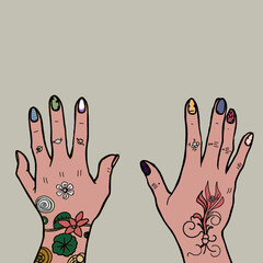 Female hands with manicured nails and illustrated palms. Top view. Hands with bright and cool colorful manicure. beauty concept Modern hand-drawn colored vector illustration. 