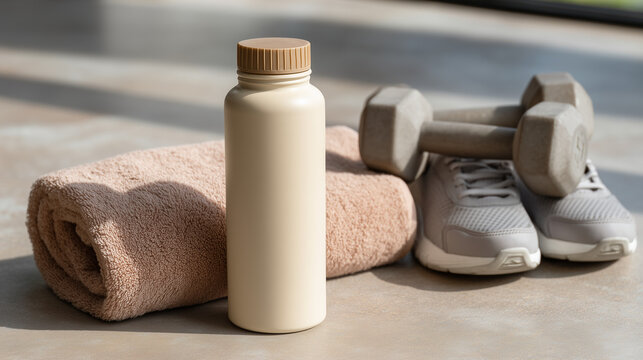Gym Essentials: Close-up of a gym towel, dumbbells, water bottle and pair of running shoes, capturing the essentials for a healthy workout.  A minimalist composition.