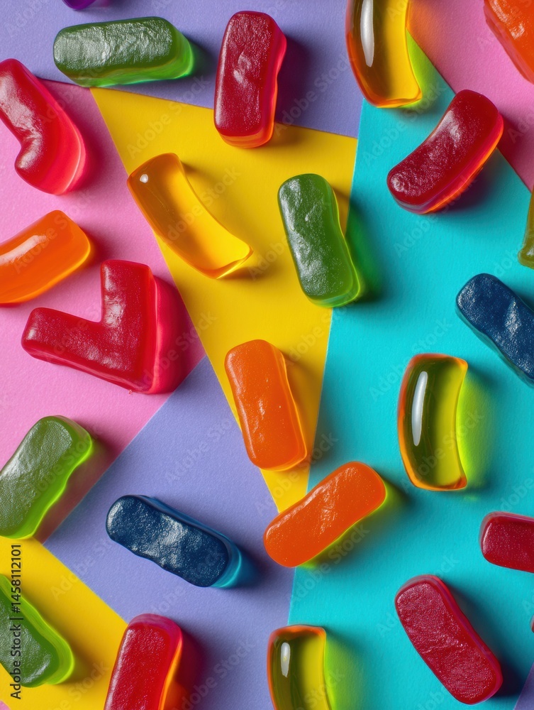 Aufkleber vibrant vitamin gummies scattered in a creative layout on colorful geometric background generative a