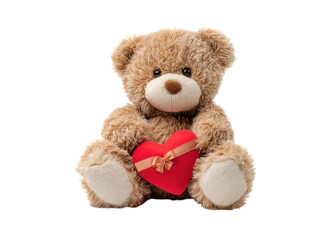 Obraz premium A fluffy brown teddy bear is sitting and holding a red heart with a ribbon, isolated on transparent background. Love, Gift, Toy.