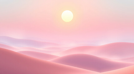 Dreamlike landscape blends flat minimal shapes with gradient layers and a centered circular sun.