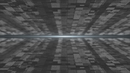 White and Black flying particles in digital 3d technologic cyberspace with light rays. Digital matrix futuristic background