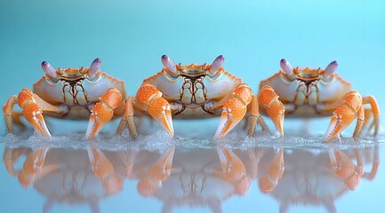 Fototapeta premium Three cooked crabs on white reflective surface in minimal seafood composition for crustacean food concept