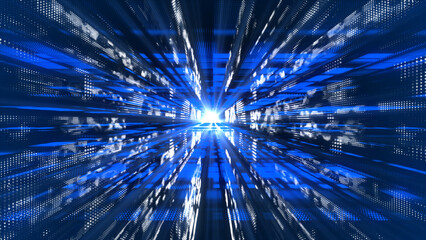 Royal blue floatingparticles in digital technologic 3dcyberspace with light rays. Digital matrix futuristic background
