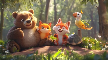 Forest creatures in a friendly group gathering.