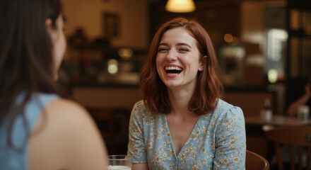 Woman with auburn hair laughing heartily in cafe with floral blue dress. Genuine joy moment for friendship campaigns, social gathering promotions and positive mental health awareness