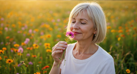 Senior woman with blonde bob smiling with eyes closed smelling purple flower in wildflower meadow. Peaceful nature moment for wellness content, aromatherapy benefits and healthy aging campaigns