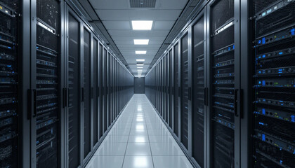  Interior View of a Data Center with Rows of Server Racks
