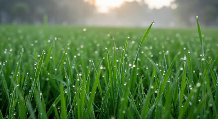 Obraz premium Fresh green grass with morning dew drops in misty field at sunrise. Natural background for environmental campaigns, lawn care services and spring season concepts