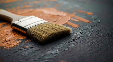 Fototapeta premium Paintbrush with orange paint on textured dark canvas. Artistic equipment for creative workshops, interior design services and DIY home improvement projects