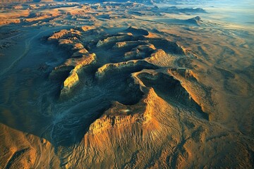 Exploring geological formations in Goblin Valley during golden hour aerial view, Geological formations in Goblin Valley, wide aerial