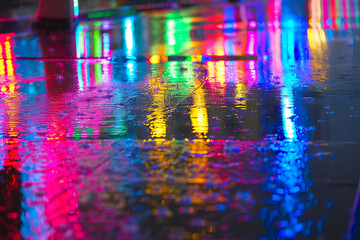 Obraz premium Colorful Neon Reflections on Wet Pavement in Urban Nighttime Scene