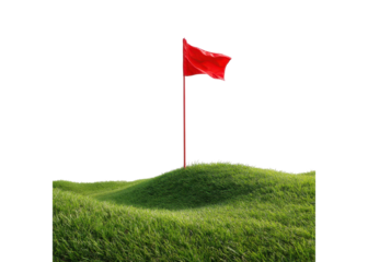 Red flag on a grassy hill isolated on transparent background, golf, sport, target.